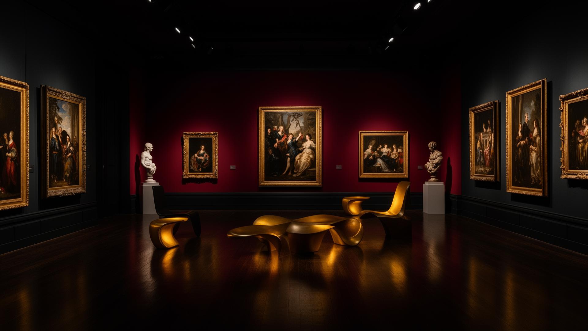 The Noor royal gallery interior with masterpiece paintings on crimson walls